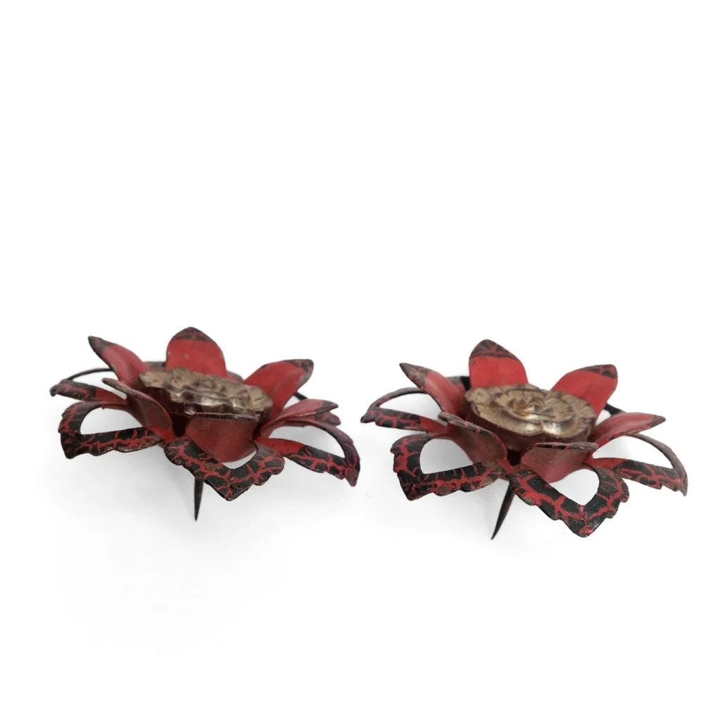 Vintage Ornate Enamel And Metal Red Flower Curtain Pins Set Of Two 2